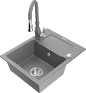 Mexen Enzo 1-compartment granite sink with a drip tray and kitchen mixer tap Savita, Grey - 6506-71-672601-71