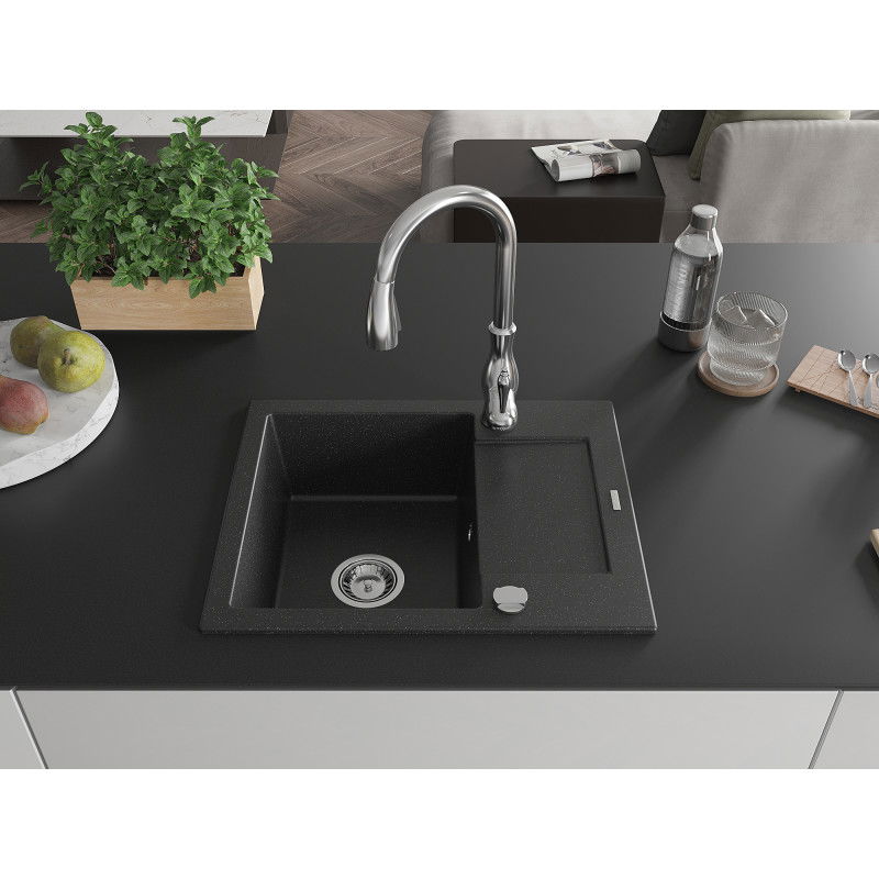 Mexen Enzo 1-bowl granite sink with drainer and Savita kitchen tap, black/silver metallic - 6506-73-672601-00