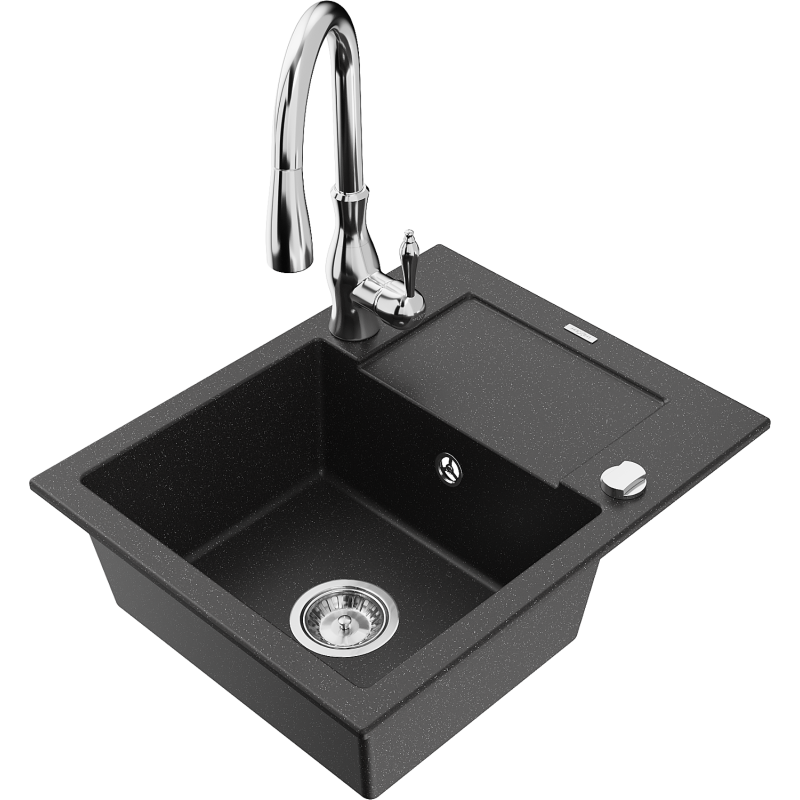 Mexen Enzo 1-bowl granite sink with drainer and Savita kitchen tap, black/silver metallic - 6506-73-672601-00