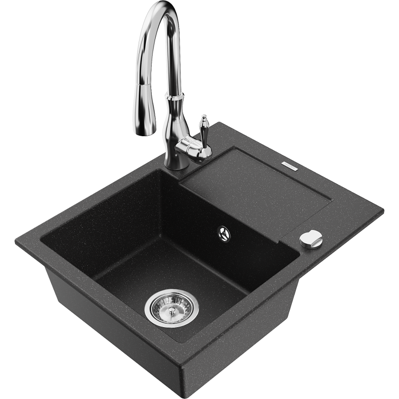 Mexen Enzo 1-compartment granite sink with a drip tray and kitchen mixer tap Savita, Black/Silver metallic - 6506-73-672601-00