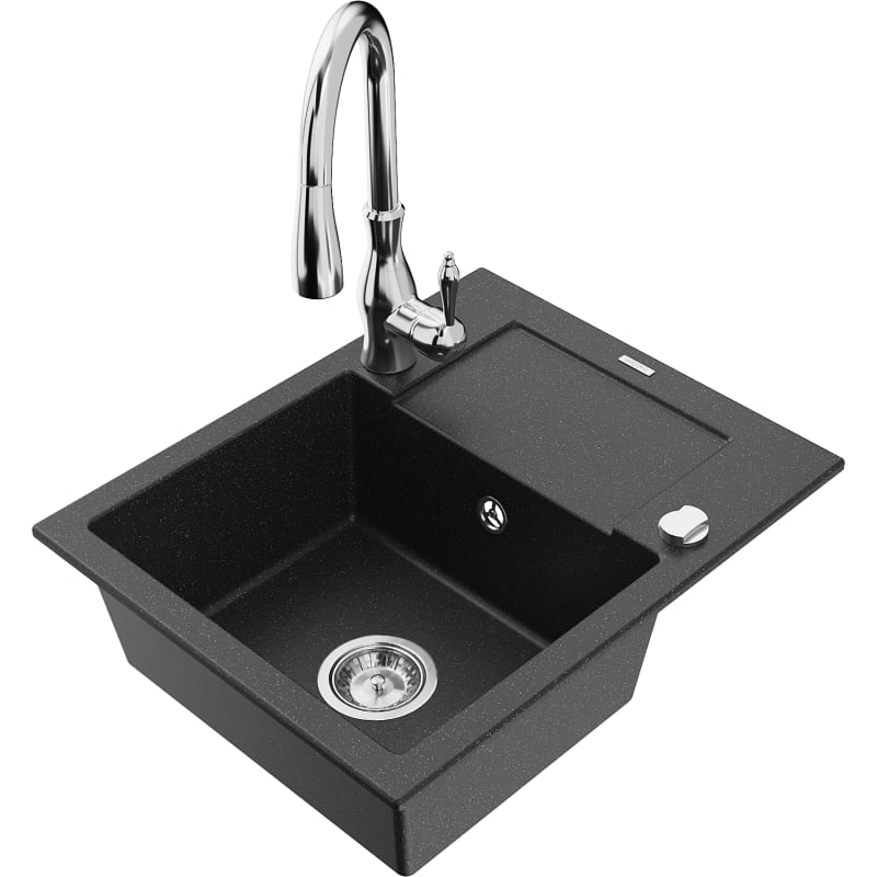 Mexen Enzo granite sink 1-bowl with drainer and Savita kitchen faucet, black/silver metallic - 6506-73-672601-00