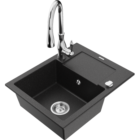 Mexen Enzo 1-bowl granite sink with drainer and Savita kitchen tap, black/silver metallic - 6506-73-672601-00
