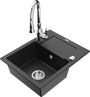 Mexen Enzo 1-bowl granite sink with drainer and Savita kitchen tap, black/silver metallic - 6506-73-672601-00