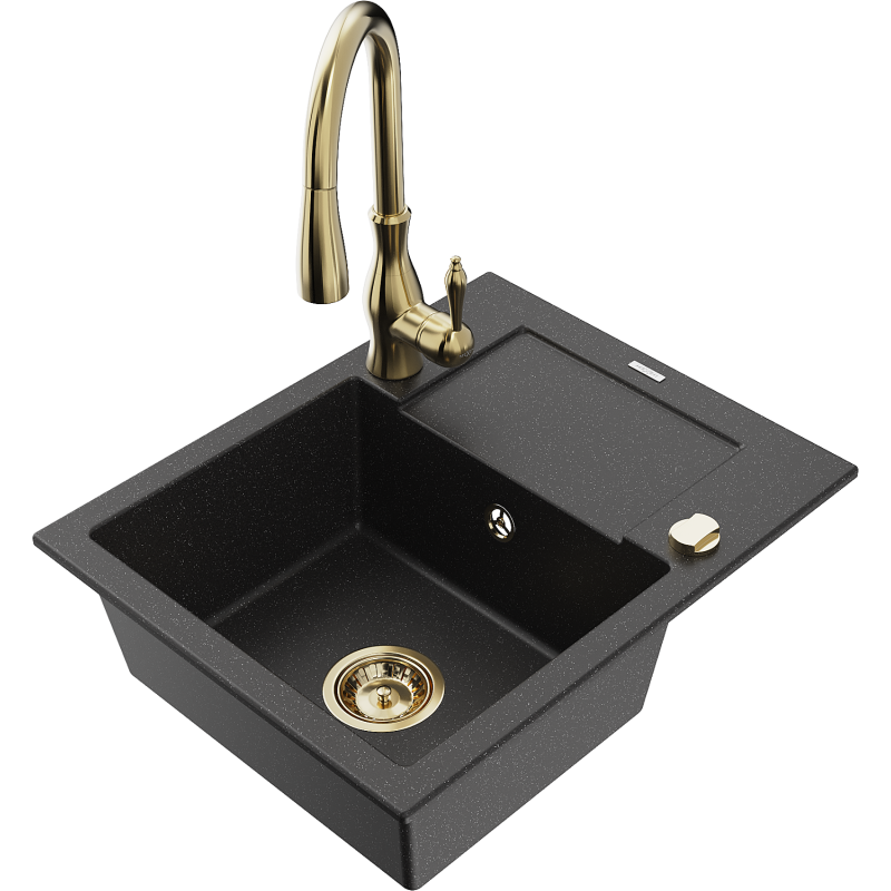 Mexen Enzo 1-bowl granite sink with drainer and Savita kitchen tap, black/silver metallic - 6506-73-672601-50