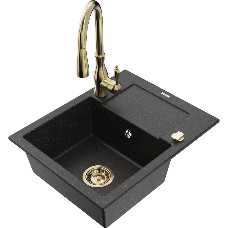 Mexen Enzo 1-compartment granite sink with a drip tray and kitchen mixer tap Savita, Black/Silver metallic - 6506-73-672601-50