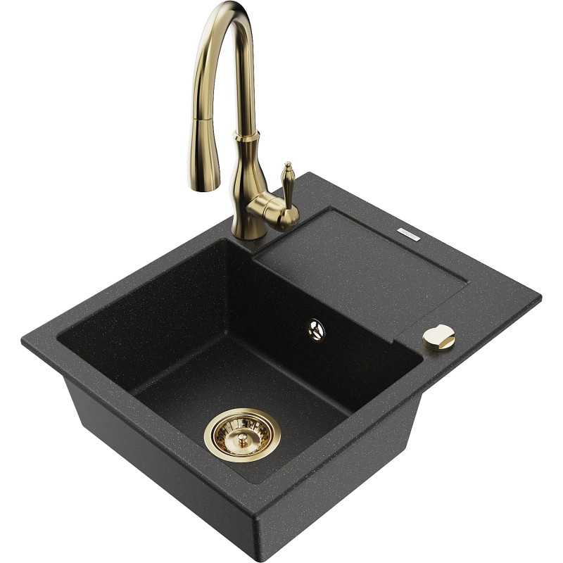 Mexen Enzo granite kitchen sink single-bowl with drainer and Savita faucet, black/silver metallic - 6506-73-672601-50