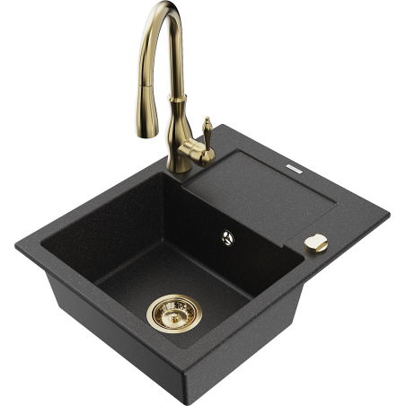 Mexen Enzo 1-bowl granite sink with drainer and Savita kitchen tap, black/silver metallic - 6506-73-672601-50