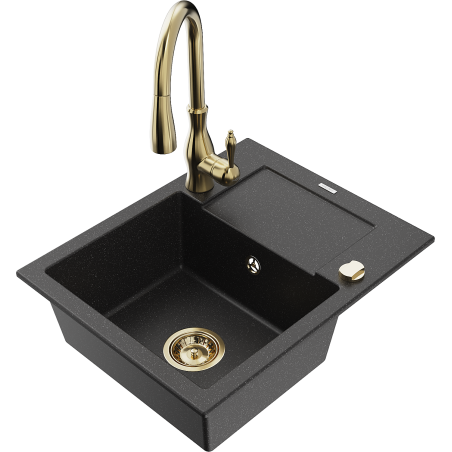 Mexen Enzo granite kitchen sink single-bowl with drainer and Savita faucet, black/silver metallic - 6506-73-672601-50