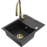 Mexen Enzo granite kitchen sink 1-bowl with drainer and kitchen faucet Savita, black/silver metallic - 6506-73-672601-50