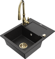Mexen Enzo granite kitchen sink 1-bowl with drainer and kitchen faucet Savita, black/silver metallic - 6506-73-672601-50