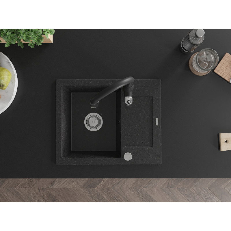 Mexen Enzo granite sink 1-bowl with drainer and Savita kitchen tap, black/silver metallic - 6506-73-672601-70