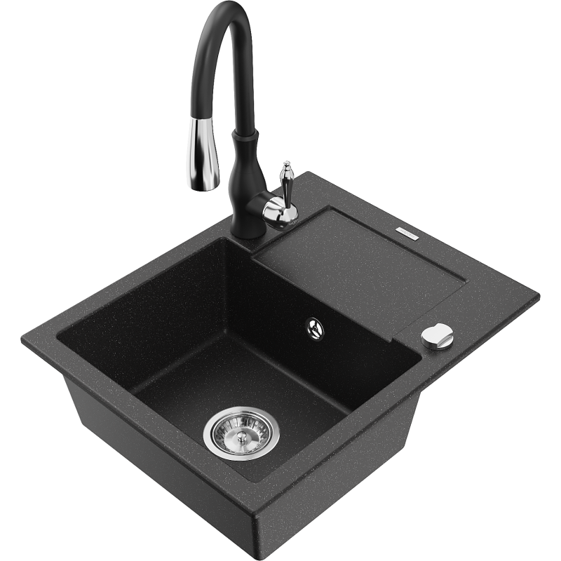 Mexen Enzo granite sink 1-bowl with drainer and Savita kitchen tap, black/silver metallic - 6506-73-672601-70