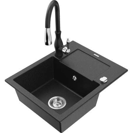 Mexen Enzo granite single-bowl kitchen sink with drainer and Savita kitchen faucet, black/silver metallic - 6506-73-672601-70