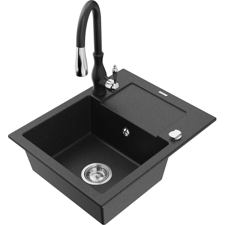 Mexen Enzo granite sink 1-bowl with drainer and Savita kitchen tap, black/silver metallic - 6506-73-672601-70