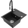 Mexen Enzo granite sink 1-bowl with drainer and Savita kitchen tap, black/silver metallic - 6506-73-672601-70