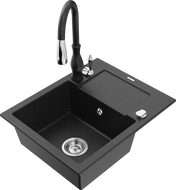 Mexen Enzo granite sink 1-bowl with drainer and Savita kitchen tap, black/silver metallic - 6506-73-672601-70
