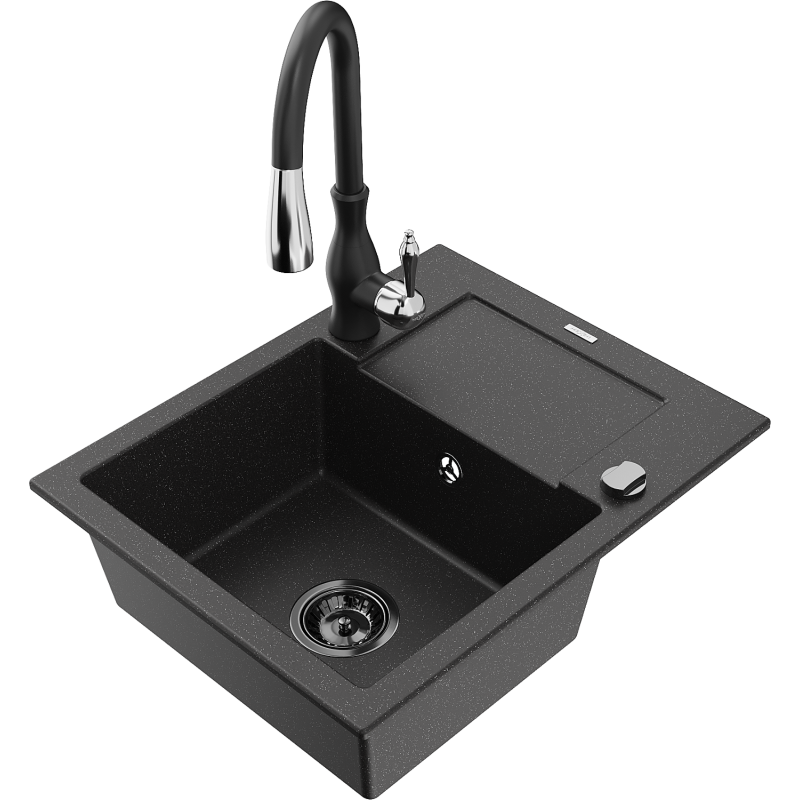 Mexen Enzo 1-compartment granite sink with a drip tray and kitchen mixer tap Savita, Black/Silver metallic - 6506-73-672601-70-B