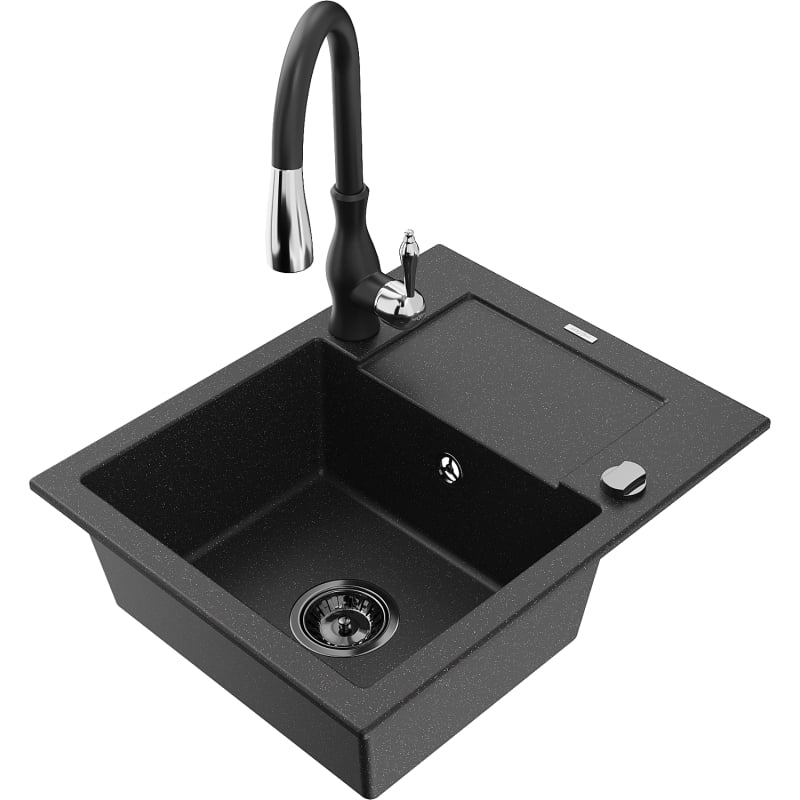 Mexen Enzo granite kitchen sink 1-bowl with drainer and Savita kitchen faucet, black/silver metallic - 6506-73-672601-70-B
