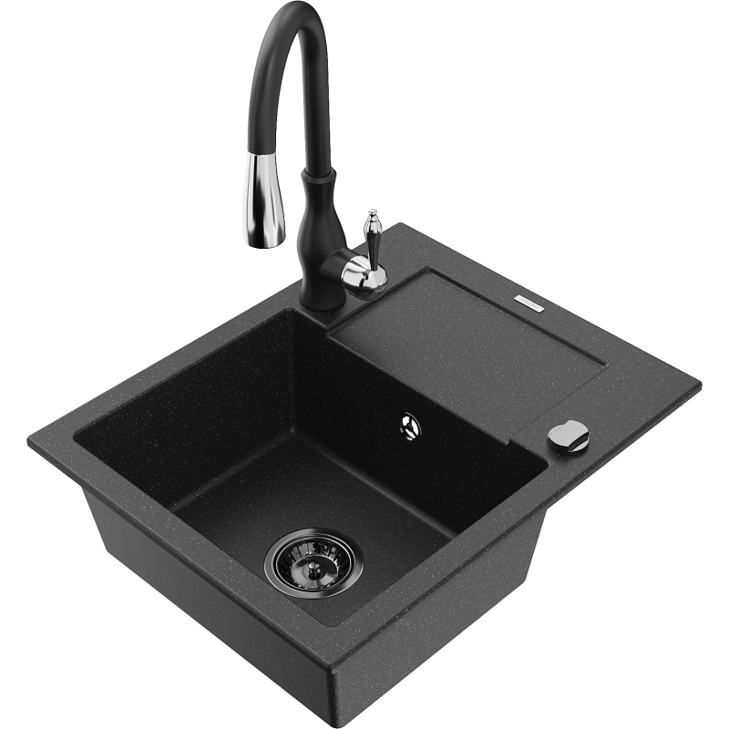 Mexen Enzo granite sink single bowl with drainer and Savita kitchen tap, black/silver metallic - 6506-73-672601-70-B