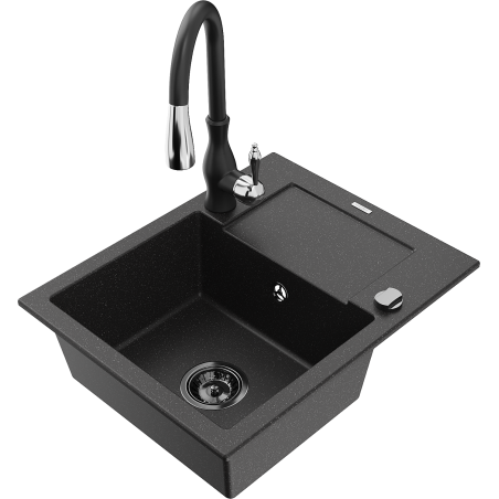 Mexen Enzo granite kitchen sink 1-bowl with drainer and Savita kitchen faucet, black/silver metallic - 6506-73-672601-70-B
