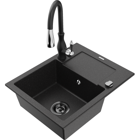 Mexen Enzo granite single-bowl sink with drainer and kitchen faucet Savita, black/silver metallic - 6506-73-672601-70-B