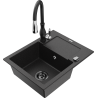 Mexen Enzo granite sink single bowl with drainer and Savita kitchen tap, black/silver metallic - 6506-73-672601-70-B