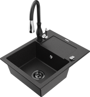 Mexen Enzo granite single-bowl sink with drainer and kitchen faucet Savita, black/silver metallic - 6506-73-672601-70-B