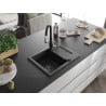 Mexen Enzo granite kitchen sink 1-bowl with drainer and Savita kitchen faucet, black/silver metallic - 6506-73-672601-70-B