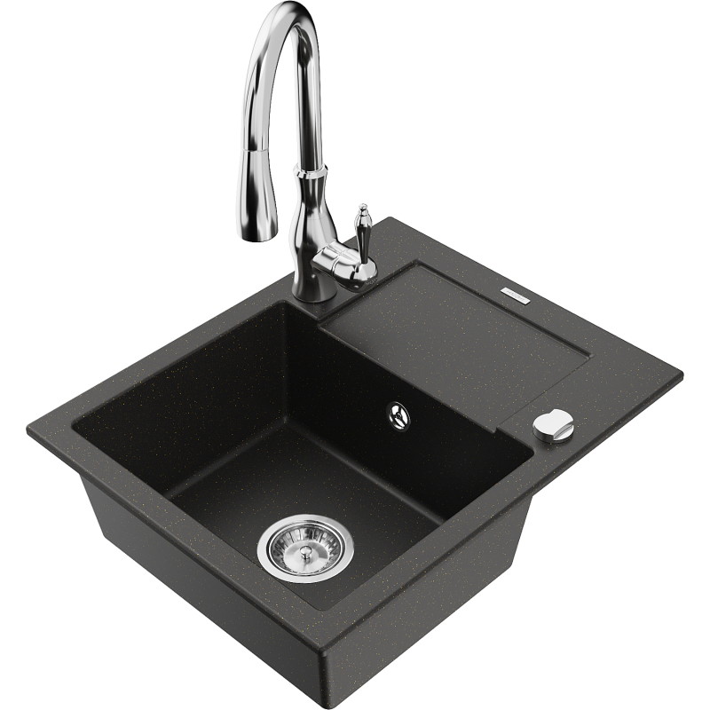 Mexen Enzo 1-bowl granite sink with drainer and Savita kitchen faucet, black/golden metallic - 6506-75-672601-00