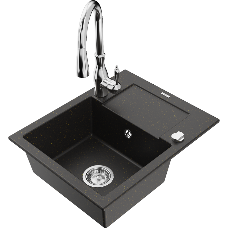 Mexen Enzo granite kitchen sink 1-bowl with drainer and Savita kitchen tap, black/golden metallic - 6506-75-672601-00