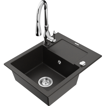 Mexen Enzo 1-bowl granite sink with drainer and Savita kitchen faucet, black/gold metallic - 6506-75-672601-00