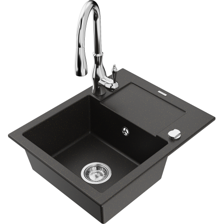 Mexen Enzo 1-bowl granite sink with drainer and Savita kitchen faucet, black/golden metallic - 6506-75-672601-00