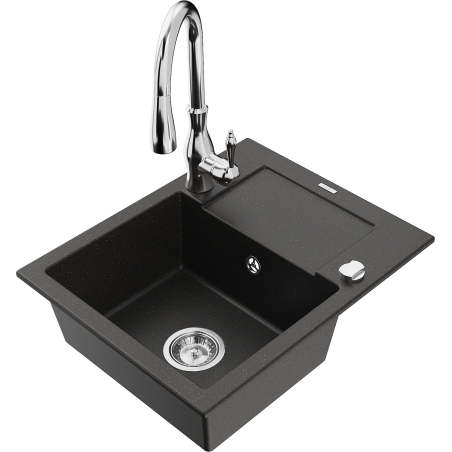 Mexen Enzo granite kitchen sink 1-bowl with drainer and Savita kitchen tap, black/golden metallic - 6506-75-672601-00