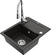 Mexen Enzo 1-bowl granite sink with drainer and Savita kitchen faucet, black/gold metallic - 6506-75-672601-00