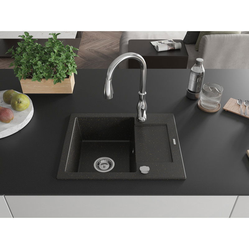 Mexen Enzo granite kitchen sink 1-bowl with drainer and Savita kitchen tap, black/golden metallic - 6506-75-672601-00