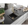 Mexen Enzo granite kitchen sink with 1 bowl with drainer and Savita kitchen faucet, black/gold metallic - 6506-75-672601-50