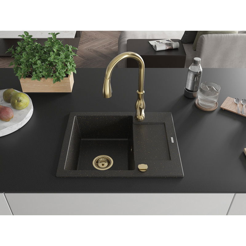 Mexen Enzo granite sink 1-bowl with drainer and Savita kitchen tap, black/golden metallic - 6506-75-672601-50