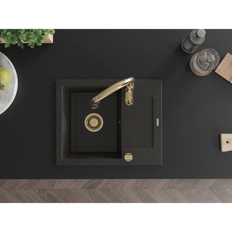 Mexen Enzo granite sink 1-bowl with drainer and Savita kitchen tap, black/golden metallic - 6506-75-672601-50
