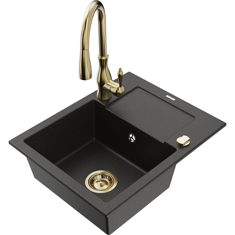 Mexen Enzo 1-compartment granite sink with a drip tray and kitchen mixer tap Savita, Black/Gold metallic - 6506-75-672601-50