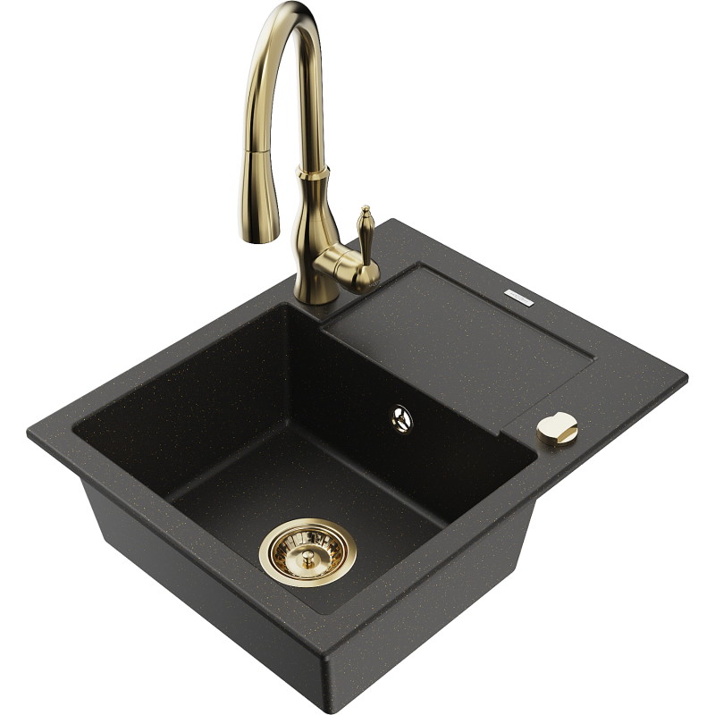 Mexen Enzo granite sink 1-bowl with drainer and Savita kitchen faucet, black/gold metallic - 6506-75-672601-50