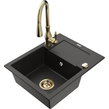 Mexen Enzo granite kitchen sink with 1 bowl with drainer and Savita kitchen faucet, black/gold metallic - 6506-75-672601-50