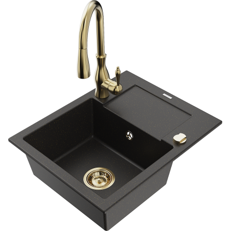 Mexen Enzo granite sink 1-bowl with drainer and Savita kitchen tap, black/golden metallic - 6506-75-672601-50