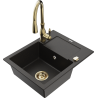 Mexen Enzo granite kitchen sink with 1 bowl with drainer and Savita kitchen faucet, black/gold metallic - 6506-75-672601-50