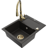 Mexen Enzo granite sink 1-bowl with drainer and Savita kitchen faucet, black/gold metallic - 6506-75-672601-50
