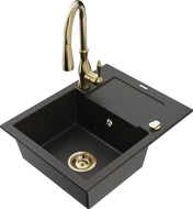 Mexen Enzo granite sink 1-bowl with drainer and Savita kitchen faucet, black/gold metallic - 6506-75-672601-50