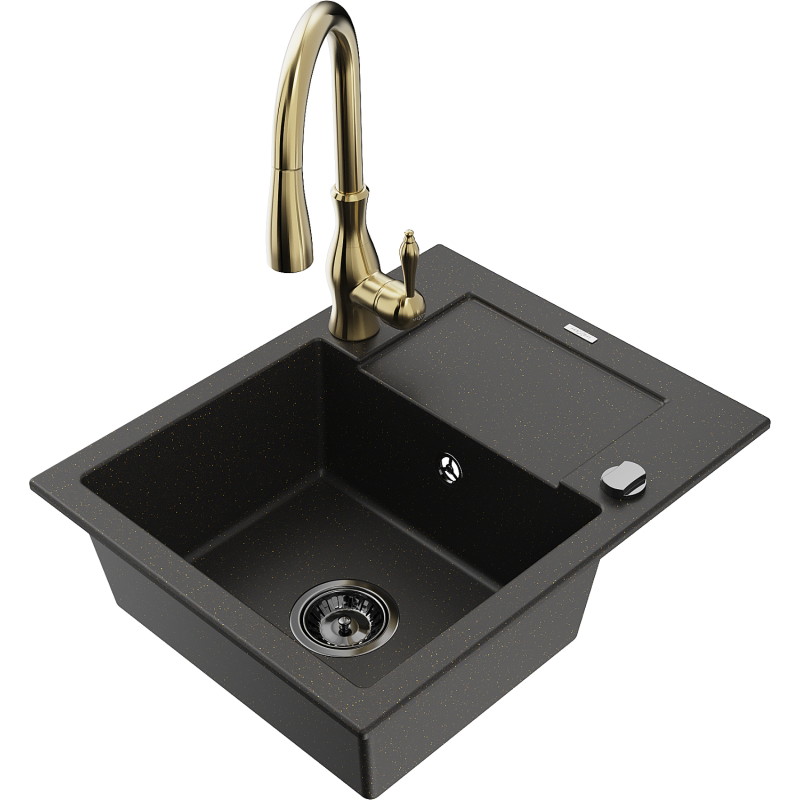 Mexen Enzo granite sink 1-bowl with drainer and Savita kitchen faucet, black/gold metallic - 6506-75-672601-50-B
