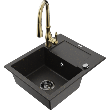 Mexen Enzo 1-bowl granite sink with drainer and Savita kitchen faucet, black/gold metallic - 6506-75-672601-50-B