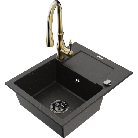 Mexen Enzo granite sink 1-bowl with drainer and Savita kitchen faucet, black/gold metallic - 6506-75-672601-50-B