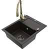 Mexen Enzo 1-bowl granite sink with drainer and Savita kitchen faucet, black/gold metallic - 6506-75-672601-50-B
