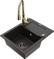 Mexen Enzo granite kitchen sink 1-bowl with drainer and Savita kitchen tap, black/gold metallic - 6506-75-672601-50-B